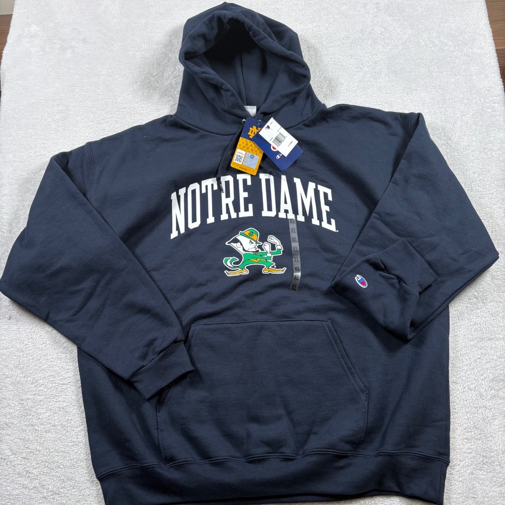 Champion Notre Dame Fighting Irish Hoodie Navy Blue Leprechaun Mens XL NCAA - Picture 2 of 9